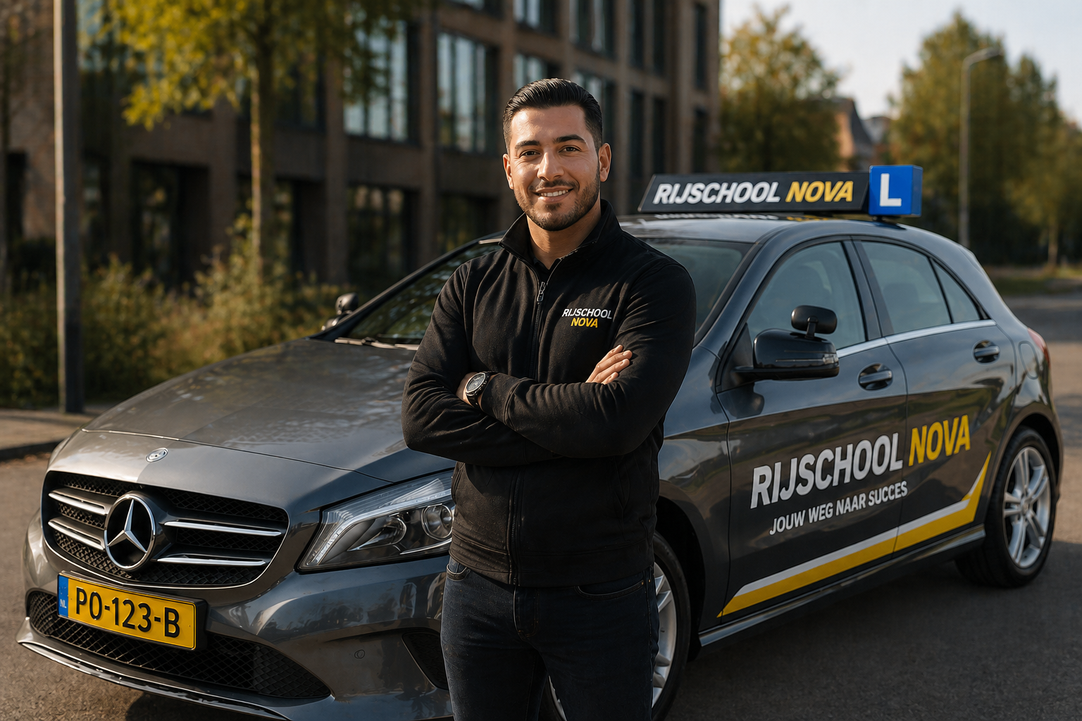 Instructeur van Wish Drive staat voor de lesauto